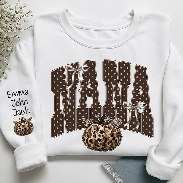 Custom NANA Sweatshirt with Grandkids Names, Leopard Pumpkin Varsity C