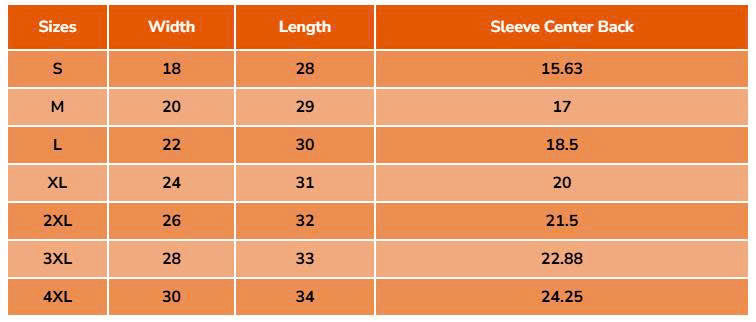 Low-quality used shirt size chart
