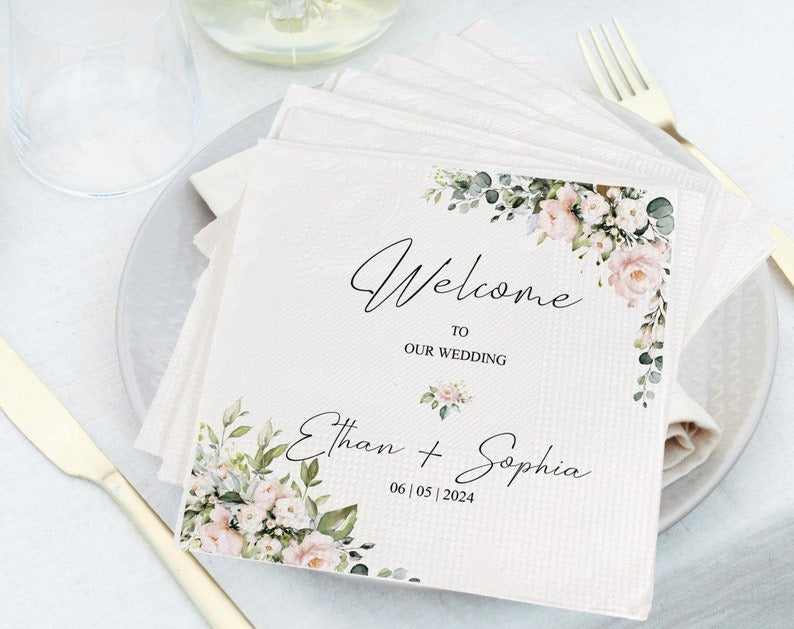 Custom Cocktail Napkins Wedding, Floral Initials, Linen 2024 Like Feel - Personalized Wedding Napkin, Wedding Decor, Dessert Table, Bridal Shower