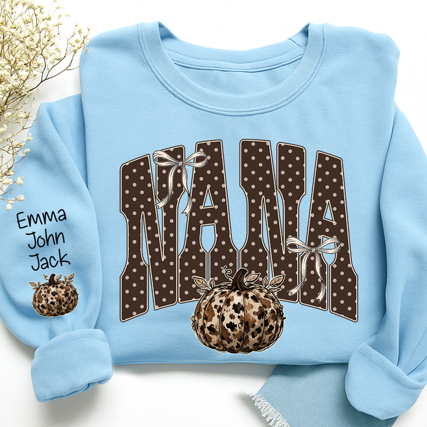 Custom NANA Sweatshirt with Grandkids Names, Leopard Pumpkin Varsity C