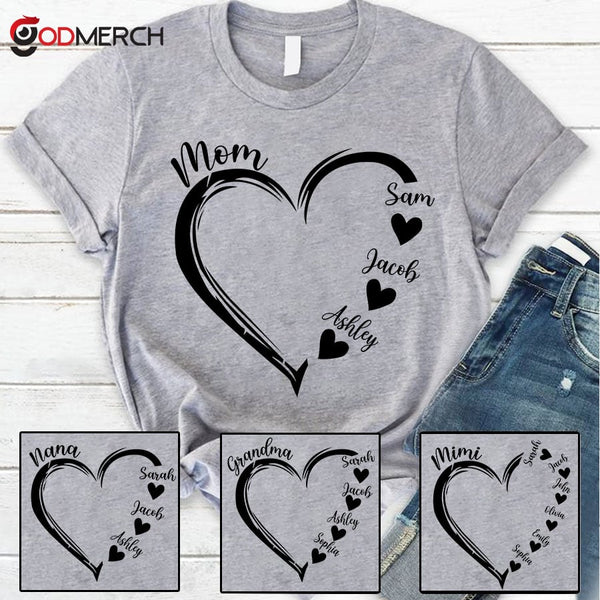 GODMERCH Personalized Grandma Heart Shirt, Custom Nickname Grandma And