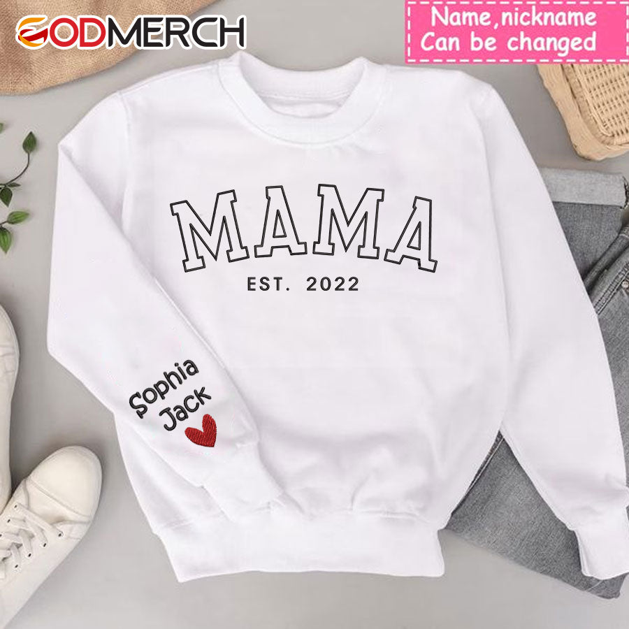 Godmerch Mama Mom Custom Names Embroidered Sweatshirt