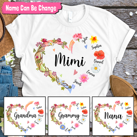 Personalized Grandma Shirt With Grandkids Flower Heart t Shirt